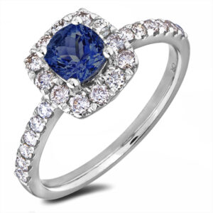 Ceylon Sapphire & Canadian Diamond Halo Ring in 14K White Gold