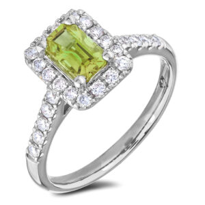 0.85 Carat Checkerboard Cut Peridot and Canadian Diamond Ring in White Gold