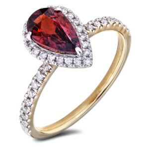 1.36 Carat Pear Shape African Garnet & Canadian Diamonds Halo Ring in 14K Yellow Gold