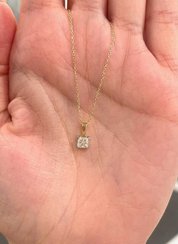 0.50 Ct Princess Cut Canadian Diamond Solitaire Pendant in 14K Yellow Gold on model