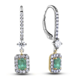 0.70 Carat TW Colombian Emerald and Diamond Halo Dangle Earrings in 18K Gold