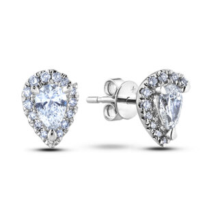 0.60 Carat TW Pear Halo GIA Diamond Stud Earrings in 18K White Gold