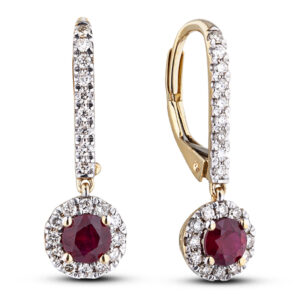 Ruby 0.62 Carat TW and Canadian Diamond Dangle Hoop Earrings in Yellow Gold