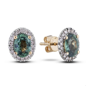 2.01 Carat TW Oval Shape Green Sapphire and Diamond Halo Stud Earrings in 14K Yellow Gold