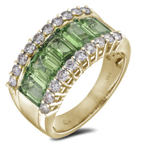 3.51 Carat TW Green Sapphire and Diamond Wide Anniversary Ring in 14K Yellow Gold