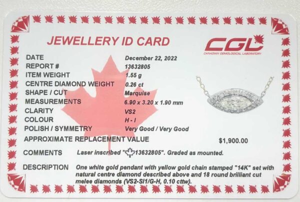 0.36 Carat TW Canadian Diamond Marquise Halo Necklace in 14K Gold certificate