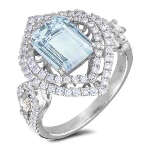1.85 Carat Aqua and Diamond Double Halo Cocktail Ring in 14K White Gold