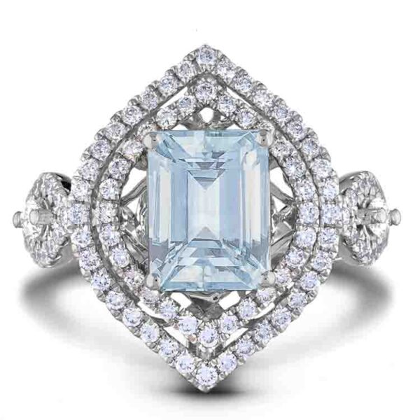 1.85 Carat Aqua and Diamond Double Halo Cocktail Ring in 14K White Gold