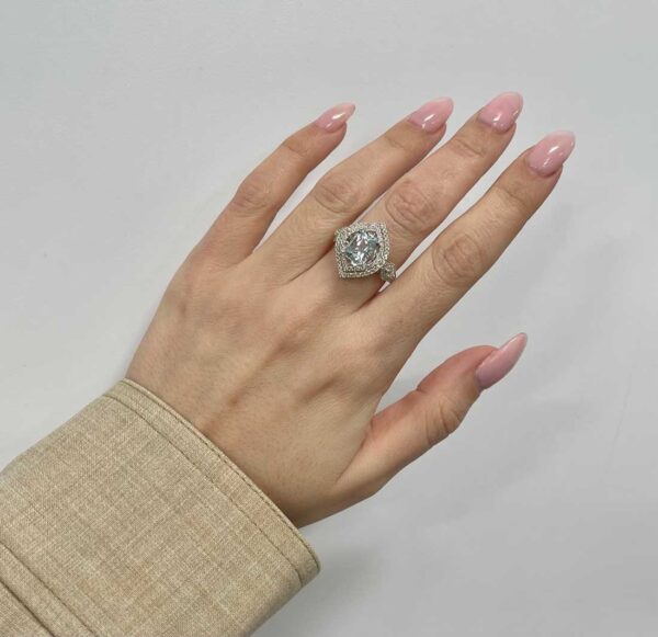 1.85 Carat Aqua and Diamond Double Halo Cocktail Ring in 14K White Gold