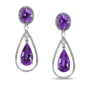 15.32 Carat TW Amethyst & Diamond Tear Drop Dangle Earrings in 14K White Gold