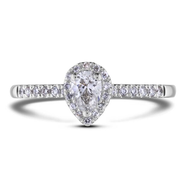 0.21 Carat Pear Shape Canadian Diamond Halo Engagement Ring in 14K White Gold