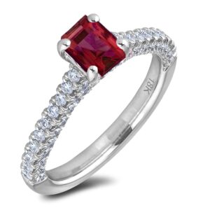 0.54 Carat Emerald Cut Ruby and Hidden Diamond Engagement Ring in 18K White Gold