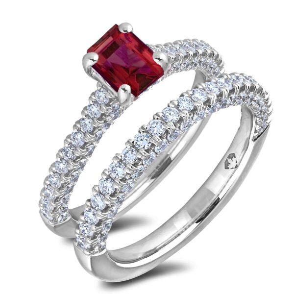 0.54 Carat Emerald Cut Ruby and Hidden Diamond Ring in 18K White Gold