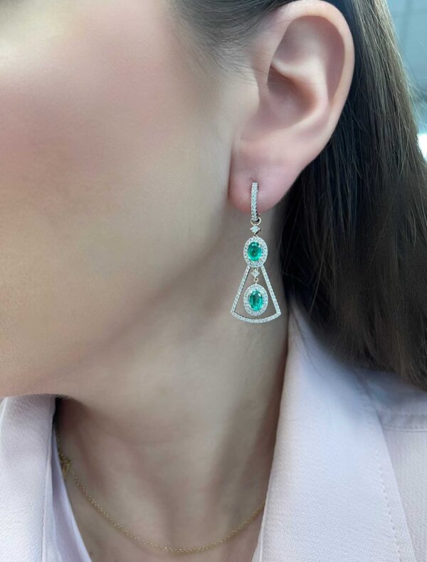 1.76 Carat TW Brazilian Emerald and 1.0 CTW Diamond Chandelier Dangle Earrings in 14K Gold - Image 2