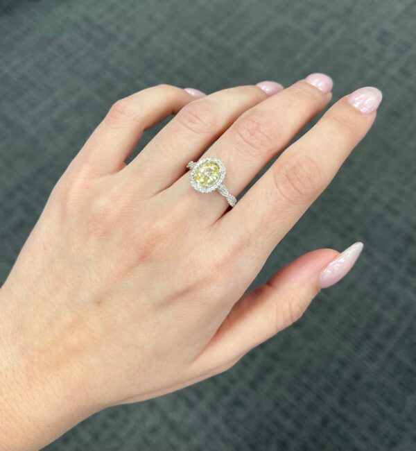 1.77 Carat GIA Yellow Sapphire & Diamond Weave Halo Ring in 14K White Gold