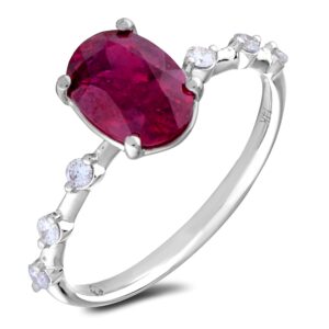 1.83 Carat Oval Ruby and Dainty Diamond Ring in 14K White Gold