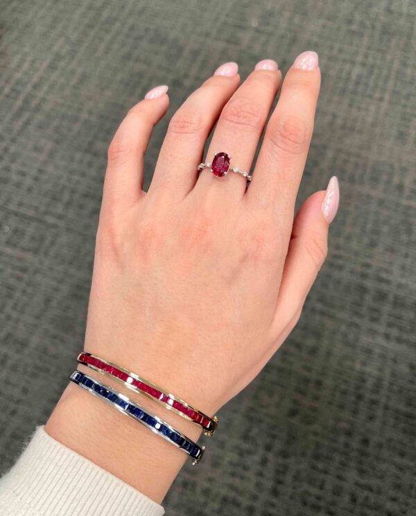1.83 Carat Oval Ruby and Dainty Diamond Ring in 14K White Gold ruby ring ruby bangle bracelet hand selfie