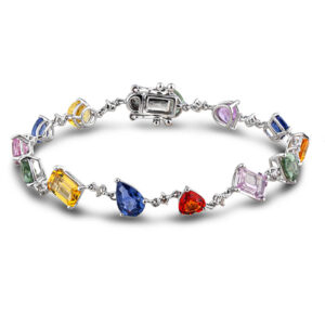 11.98 Carat TW Rainbow Mosaic Sapphire and Diamond Bracelet in 14K White Gold