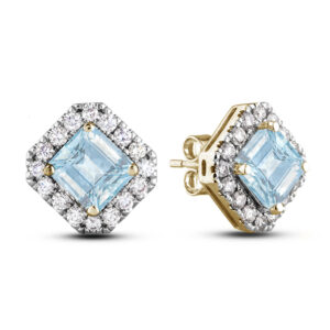 2.50 Carat TW Aquamarine and Diamond Halo Stud Earrings in 14K Yellow Gold