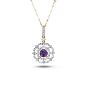 0.50 Carat Amethyst and Canadian Diamond Flower Pendant in Yellow Gold