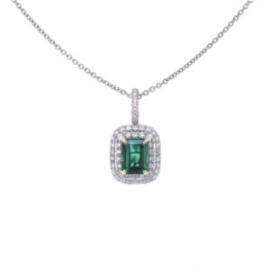 4.68 Carat Green Tourmaline and Diamond Double Halo Pendant in 14K White Gold
