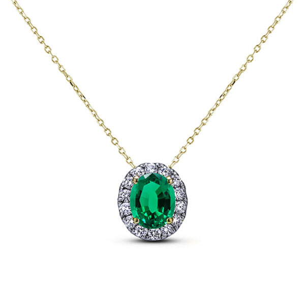 2.00 Carat Brazilian Emerald and Diamond Halo Pendant in 18K Yellow Gold