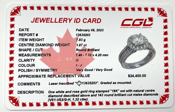 1.87 Carat Canadian Diamond Triple Row Halo Engagement Ring with Hidden Details in 18K Rose and White Gold certificate