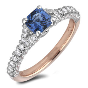 1.18 Carat Asscher Cut Ceylon Sapphire and Diamond Engagement Ring In 18K Rose Gold
