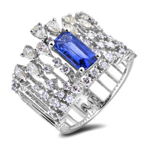 1.23 Carat Sapphire and 1.20 Carat TW Diamond Mosaic Wide Ring in 14K White Gold