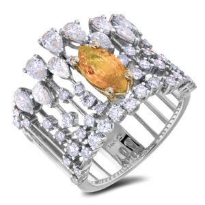 1.31 Carat Yellow Sapphire and 1.58 Carat TW Diamond Mosaic Wide Ring in 14K White Gold