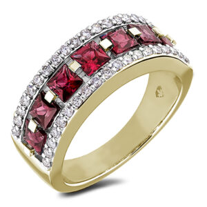 1.40 Carat TW Princess Cut Ruby and Diamond Wide Anniversary Ring in 14K Yellow Gold