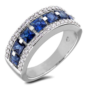 1.60 Carat TW Princess Cut Sapphire and Diamond Wide Anniversary Ring in 14K White Gold