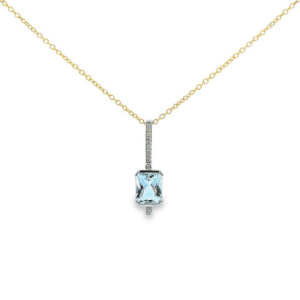 3.62 Carat Emerald Cut Blue Topaz and Canadian Diamond Drop Necklace in 14K Yellow Gold