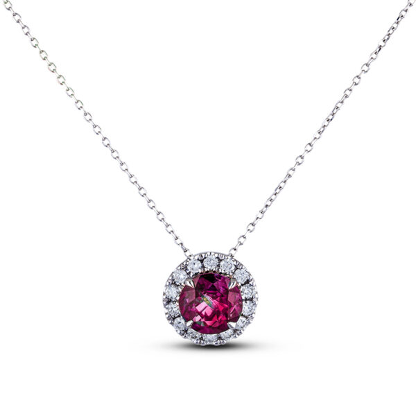 1.13 Carat Thai Ruby & Diamond Halo Pendant in 18K White Gold