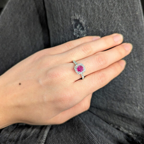 0.75 Carat Ruby & Diamond Halo Ring in 14K White Gold