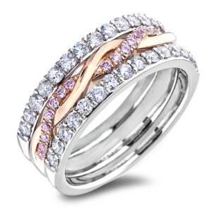 0.70 Carat TW Diamonds and Pink Sapphire Weave Wide Anniversary Ring in 18K White and Rose Gold