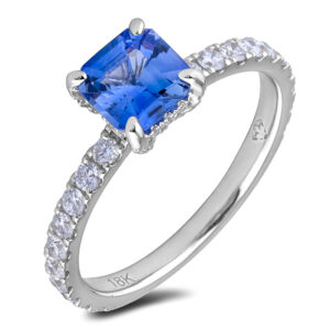 1.08 Carat Ascher Cut Sapphire & Diamond Engagement Ring in 18K White Gold