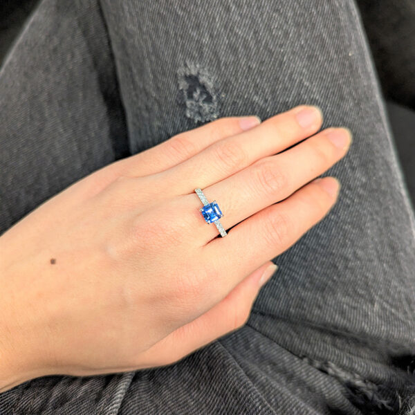 1.08 Carat Ascher Cut Sapphire & Diamond Engagement Ring in 18K White Gold