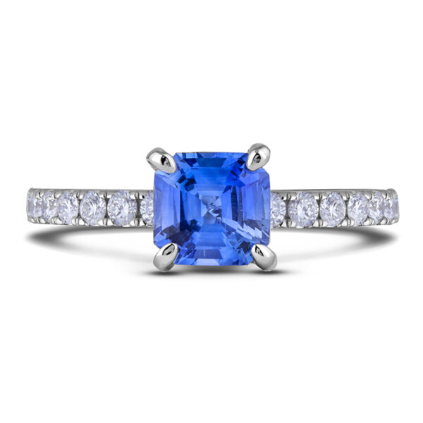 1.08 Carat Ascher Cut Sapphire & Diamond Engagement Ring in 18K White Gold