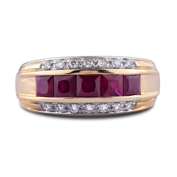 1.45 Carat TW Ruby & Diamond Wide Anniversary Ring in 14K Yellow Gold