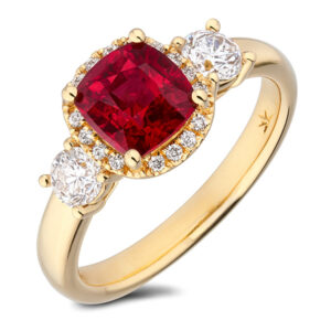 Non Heated Ruby and De Beers Forevermark Diamond Halo Ring in 18K Yellow Gold