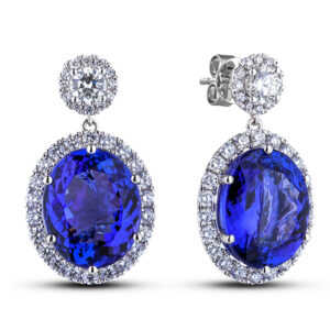 15.26 Carat TW Oval Shape Tanzanite and GIA Diamond Halo Drop Earrings in 18K White Gold