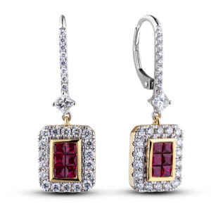 0.82 Carat TW Ruby and 0.78 CTW Diamond Halo Dangle Earrings in 18K White and Yellow Gold