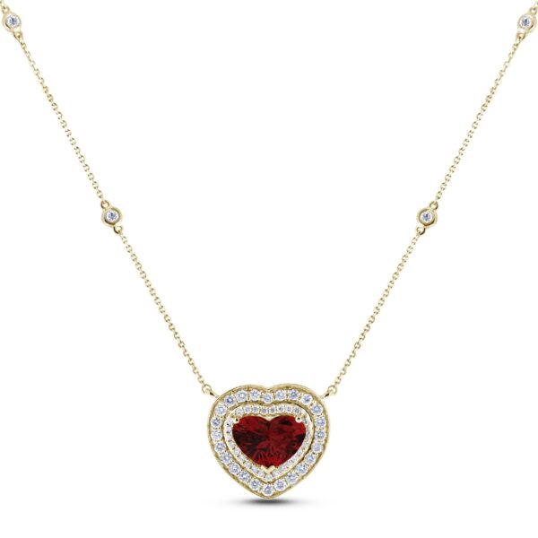 3.08 Carat Heart Shaped Pink Tourmaline And Diamond Double Halo Necklace in 18K Yellow Gold