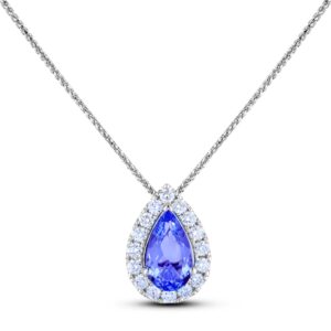 4.12 Carat Pear Shape Tanzanite and 0.96 Carat TW Diamond Halo Pendant in 18K White Gold