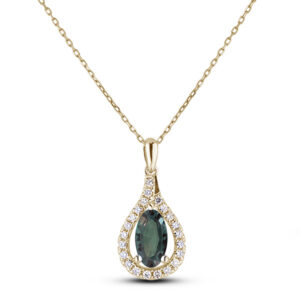 Diamond and Color Change Alexandrite Halo Pendant in 14K Yellow Gold