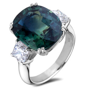 11.63 Carat Teal Sapphire and 1.44 CTW De Beers Forevermark Diamonds Trilogy Ring in 18K White Gold