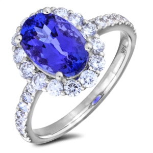 1.64 Carat Oval Shaped Tanzanite & Diamond Halo Ring in 14K White Gold