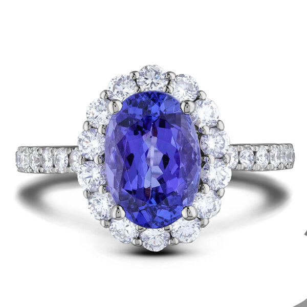 1.64 Carat Oval Shaped Tanzanite & Diamond Halo Ring in 14K White Gold