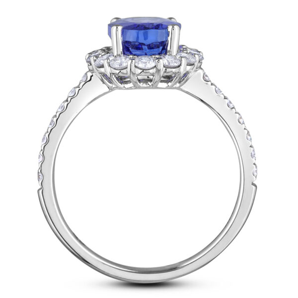 1.64 Carat Oval Shaped Tanzanite & Diamond Halo Ring in 14K White Gold